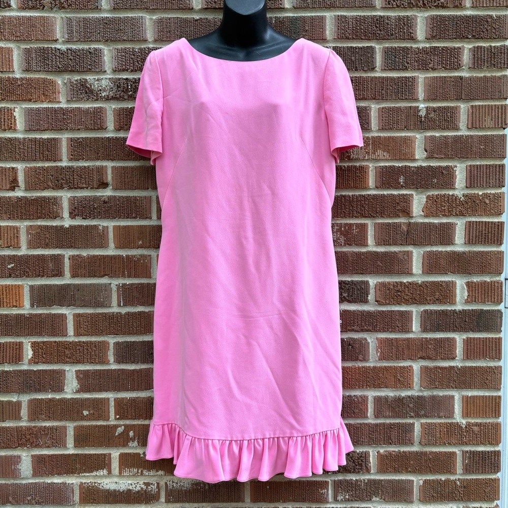Vintage 90’s Maggy London 100% SILK Shift Dress Size 12 Pink Ruffled hem